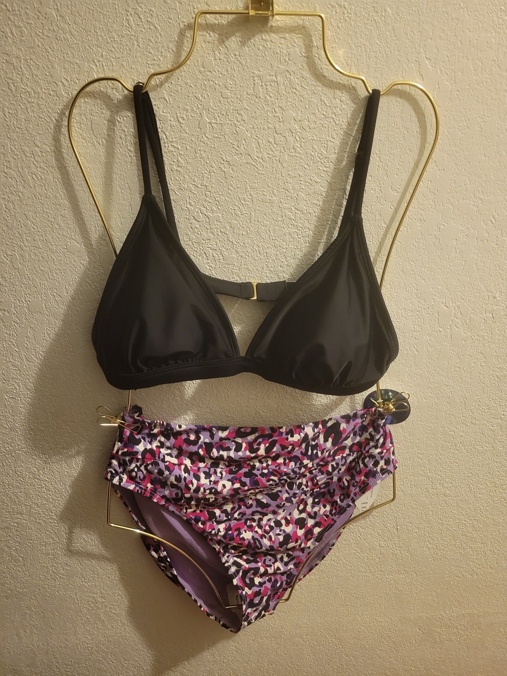 Women's Black Triangle Bikini Top with Purple Leopard High-Waist Bottom